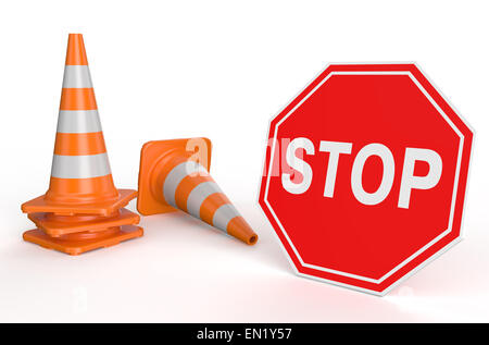 Traffic cones and sign stop isolated on white background Stock Photo