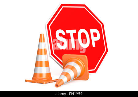 Traffic cones and sign stop isolated on white background Stock Photo