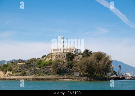 Approaching Alcatraz penitentiary prison island by boat Stock Photo