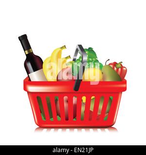 Plastic shopping basket with variety of grocery products isolated on white. Vector illustration Stock Vector