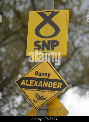 Boat of Garten, Highland, Scotland. 26th April 2015. Highland Liberal Democrat and Chief Secretary to the Treasury Danny Alexander is in a close contest with Drew Hendry SNP for the Badenoch and Strathspey parliamentary seat at the May7th elections. Credit:  David Gowans/Alamy Live News.  SCO 9712 Stock Photo