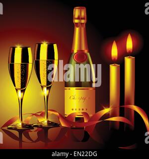 Romantic evening. Champagne glasses and candles. Vector illustration Stock Vector
