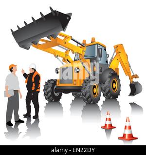 Excavator and workers isolated on white background. Vector illustration. Stock Vector