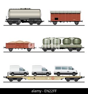 Collection of Train Cargo Wagons. Detailed vector Illustration Stock Vector