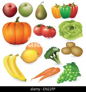 Set of fresh fruits and vegetables. Vector color illustration on white background. Stock Vector