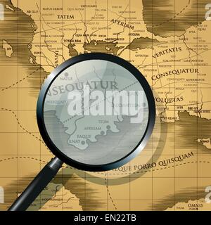 Magnifying glass focused on old abstract map. Vector illustration Stock Vector