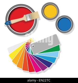 Coloured swatches and paint cans with paintbrush on white background. Vector illustration Stock Vector