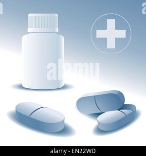 Pills and plastic medical container for pills. Vector illustration Stock Vector