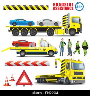 Roadside assistance. Car towing truck icon. Vector color illustration on white background. Stock Vector