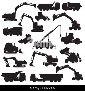 Silhouettes of construction machines. Bulldozer, excavator, roller, truck, loader, tractor. Vector illustration Stock Vector