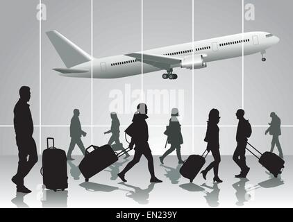 Traveling people walking at airport. Vector illustration Stock Vector