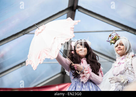 New York April 25, 2015 - The good weather brought out the crowd for the Cherry Blossom Festival at the Brooklyn Botanic Gardens in New York City. The flower displays included tulips, and magnolias among the cherry trees. Cosplay characters mingled with the crowd. Stock Photo