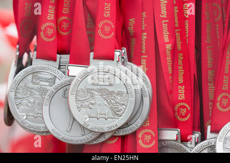 London, UK. 26 April 2015. Winners medals. Virgin Money London Marathon finishes at the Mall, London, United Kingdom. Credit:  Nick Savage/Alamy Live News Stock Photo