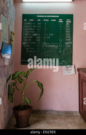 Blackboard listing staples available from government sponsored shop where only Cuban pesos are accepted in old Havana, Cuba Stock Photo