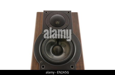 Modern sound speaker in classic wooden casing isolated on white background Stock Photo