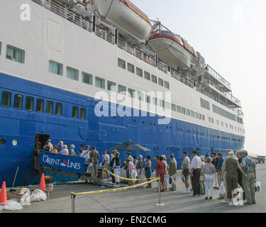 Oct. 7, 2004 - Venice, Province of Venice, ITALY - Passengers board the Orient Lines cruise ship MS Marco Polo after a day of sightseeing in Venice, Italy. Venice is one of the most popular international tourist destinations. (Credit Image: © Arnold Drapkin/ZUMA Wire) Stock Photo