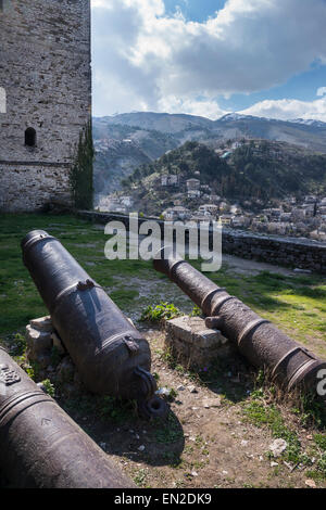 Old cannon barrels in the castle grounds at Gjirokastra in southern Albania. Stock Photo
