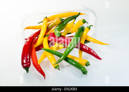 Pepperoni peppers chili wrapped selling pack in plastic hygienic problematic environmental pollution convenient to handle, cost- Stock Photo
