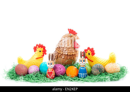 Colorulf easter nest with chick, hen and bunnies Stock Photo