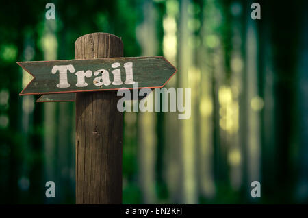 Wooden Trail Sign In A Forest For Hikers Stock Photo