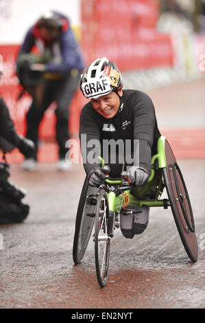 London, UK. 26th Apr, 2015. Sandra Graf (SUI) finishing the Women's T53/54 race at the Virgin Money London Marathon, Sunday 25 April 2015. Graf narrowly missed 3rd place by just two seconds. Credit:  Michael Preston/Alamy Live News Stock Photo