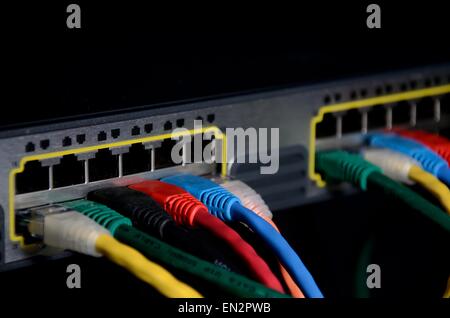 Multicolored Cables on a Network Switch Stock Photo
