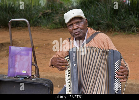 SAO PAULO, BRAZIL - FEBRUARY 01, 2015: An unidentified street musician singing and playing one old accordion in the Ibirapuera P Stock Photo