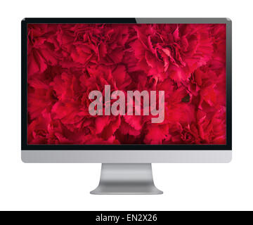 Computer display with bouquet of red carnation flowers on screen. Front view. Isolated on white background. Highly detailed illu Stock Photo