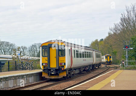 Abellio Greater Anglia Class 156 Super Sprinter diesel multiple-unit train (DMU) at North Walsham on branch line to Cromer. Stock Photo