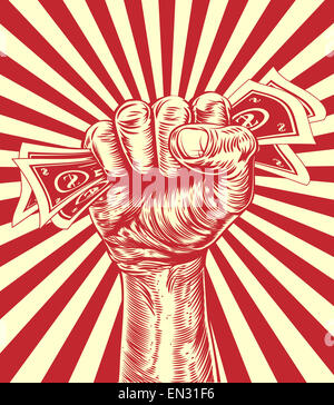 An original design of a fist holding money in a vintage propaganda poster wood cut style Stock Photo