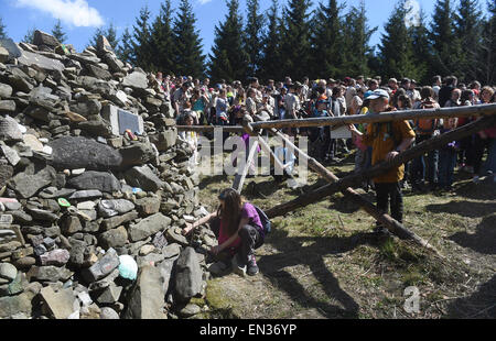 Around 2000 Czech scouts and others commemorated the scouts who were executed for their participation in the anti-Nazi resistance during World War Two at the Ivancena stone mound at the altitude of 925 metres in the Beskydes Mountains, Malenovice, North Moravia, Czech Republic, April 25, 2015. (CTK Photo/Jaroslav Ozana) Stock Photo