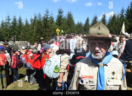 Around 2000 Czech scouts and others commemorated the scouts who were executed for their participation in the anti-Nazi resistance during World War Two at the Ivancena stone mound at the altitude of 925 metres in the Beskydes Mountains, Malenovice, North Moravia, Czech Republic, April 25, 2015. (CTK Photo/Jaroslav Ozana) Stock Photo