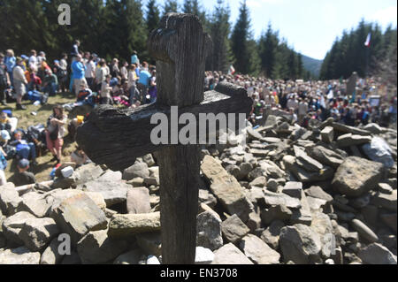 Around 2000 Czech scouts and others commemorated the scouts who were executed for their participation in the anti-Nazi resistance during World War Two at the Ivancena stone mound at the altitude of 925 metres in the Beskydes Mountains, Malenovice, North Moravia, Czech Republic, April 25, 2015. (CTK Photo/Jaroslav Ozana) Stock Photo