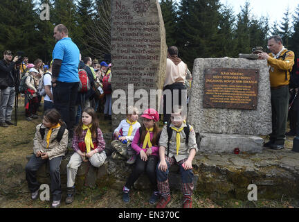 Around 2000 Czech scouts and others commemorated the scouts who were executed for their participation in the anti-Nazi resistance during World War Two at the Ivancena stone mound at the altitude of 925 metres in the Beskydes Mountains, Malenovice, North Moravia, Czech Republic, April 25, 2015. (CTK Photo/Jaroslav Ozana) Stock Photo