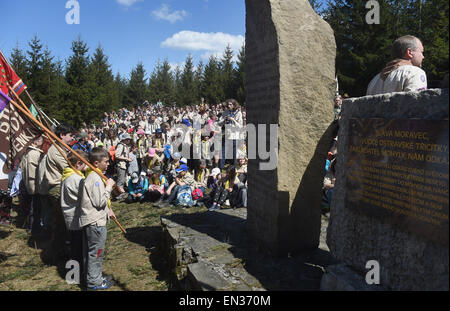 Around 2000 Czech scouts and others commemorated the scouts who were executed for their participation in the anti-Nazi resistance during World War Two at the Ivancena stone mound at the altitude of 925 metres in the Beskydes Mountains, Malenovice, North Moravia, Czech Republic, April 25, 2015. (CTK Photo/Jaroslav Ozana) Stock Photo