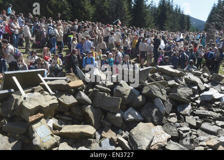 Around 2000 Czech scouts and others commemorated the scouts who were executed for their participation in the anti-Nazi resistance during World War Two at the Ivancena stone mound at the altitude of 925 metres in the Beskydes Mountains, Malenovice, North Moravia, Czech Republic, April 25, 2015. (CTK Photo/Jaroslav Ozana) Stock Photo