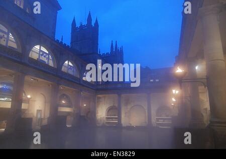 Roman Baths of Bath, historic building on a misty winter morning, England, UK Stock Photo