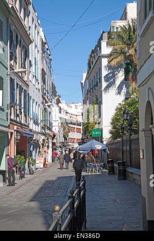 Shops and cafes in Main Street, Gibraltar, British terroritory in southern Europe Stock Photo