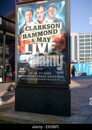 Sheffield City Centre, South Yorks, UK. 27th April 201. Posters in Sheffield for the live shows that would have been called Top gear, now re-branded as Clarkson, Hammond & May,featuring Jeremy Clarkson, Richard Hammond and Jmes May. The shows have been re-branded after the sacking of Jeremy Clarkson, with Hammond and May leaving the BBC also. Credit:  Matthew Chattle/Alamy Live News Stock Photo