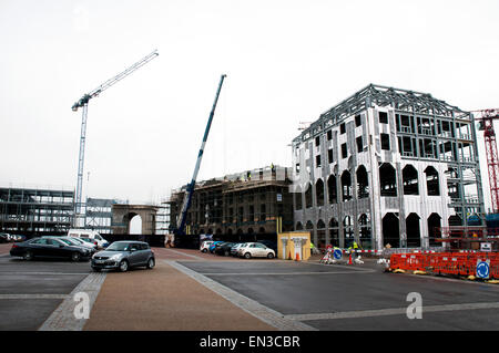 Construction site and cranes in Poundbury, Prince Charles' development  near Dorchester, Dorset, England. Stock Photo