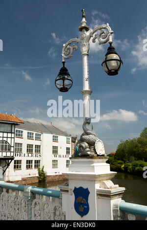 UK, England, Somerset, Taunton, North Street,  cast iron decorate lamp on 1834 bridge over River Tone Stock Photo