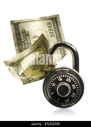 Combination lock with US hundred dollar bill Stock Photo