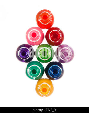 Colorful bottles on white background forming abstract pattern Stock Photo