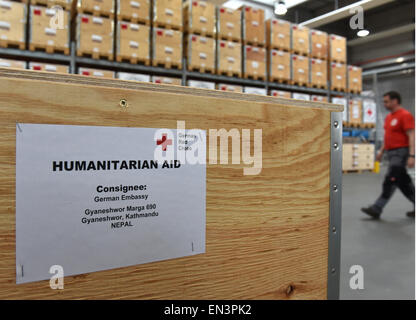 Schoenefeld, Germany. 27th Apr, 2015. A box containing relief supplies is adressed to Kathmandu at the logistics center of the German Red Cross (DRK) in Schoenefeld, Germany, 27 April 2015. The departure of a DRK aid flight to Nepal with supplies for the victims of the earthquake is scheduled for tonight. Photo: Bernd Settnik/dpa/Alamy Live News Stock Photo