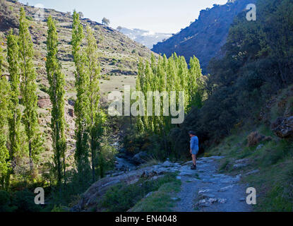 Woman walking River Rio Poqueira gorge valley, High Alpujarras, Sierra Nevada, Granada Province, Spain Stock Photo