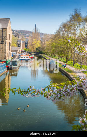 a man fishing on a clear blue sky sunny day and relaxing near the banks of sowerby bridge moorings. Stock Photo