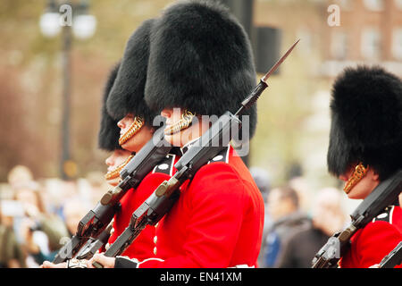 LONDON - APRIL 13: Queen's Guards at the Buckingham palace on April 13, 2015 in London, UK. Stock Photo