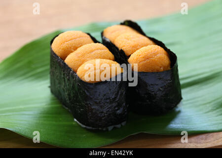 gunkanmaki is a nori wrapped special type of nigirizushi(hand pressed sushi). Stock Photo