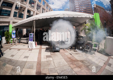Thomas Fabian mans his vortex ring cannon at the NYU-Polytechnic School of Engineering's Research Expo in Brooklyn's "Tech Triangle" in New York on Friday, April 24, 2015. By reproducing the rings researchers can study the phenomena as it appears in the real world. Over forty research projects and their creators will exhibit and explain their research including cutting-edge robotics, engineering and biotechnology.  (© Richard B. Levine) Stock Photo