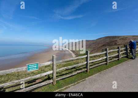 Beach sign in a fence to indicate the way to Rhossili beach, Swansea, Wales, United Kingdom Stock Photo